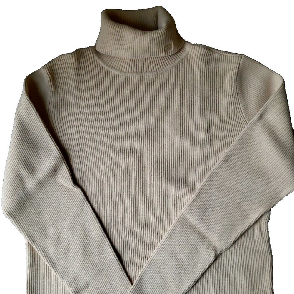 Lauren Ralph Lauren Size L Beige Turtleneck Sweater 100% Cotton Ribbed Logo - Picture 3 of 12